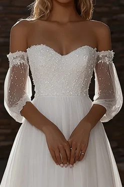 Querida Uma Linha Tule Meia Ilusão Manga Marfim Vestido de Noiva