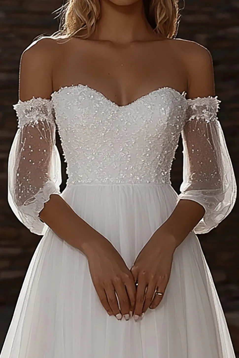 Querida Uma Linha Tule Meia Ilusão Manga Marfim Vestido de Noiva