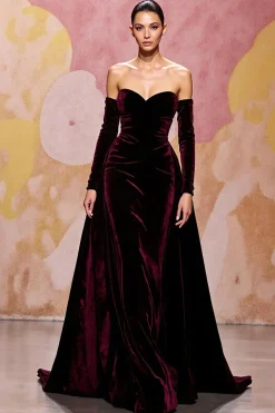 Querida Veludo Vermelho Escuro Uma Linha Vestido de Noite Longo
