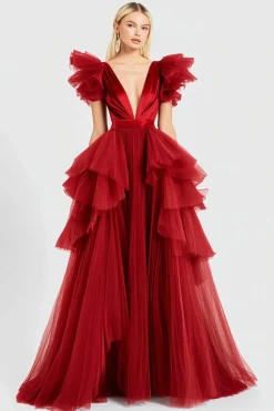 Red A Line Folhos Mangas Voadoras Vestido Formal Longo