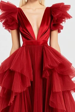 Red A Line Folhos Mangas Voadoras Vestido Formal Longo