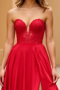 Red A Line Lace Sweetheart Long Prom Dress com Fenda