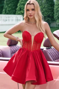 Red A Line Strapless Corset Short Ruffle Vestido bonito Homecoming com frisos
