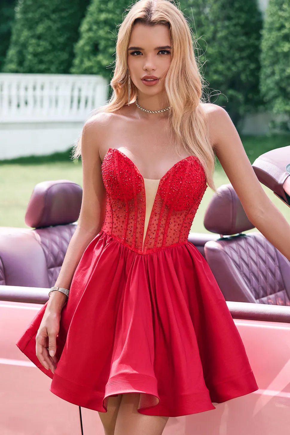 Red A Line Strapless Corset Short Ruffle Vestido bonito Homecoming com frisos