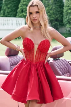 Red A Line Strapless Corset Short Ruffle Vestido bonito Homecoming com frisos