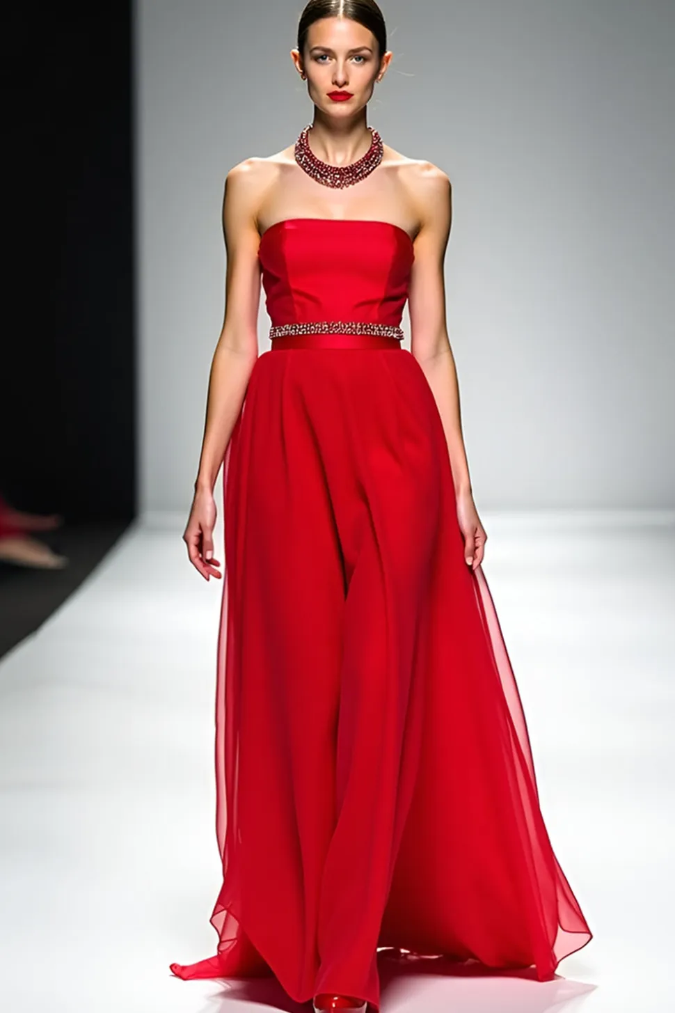 Red A Line Strapless Tule Frisado Vestido de Gala