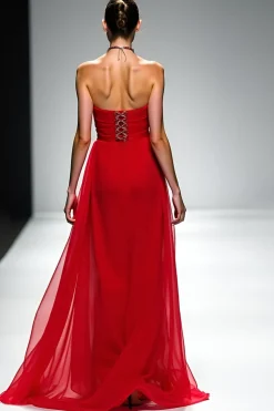 Red A Line Strapless Tule Frisado Vestido de Gala
