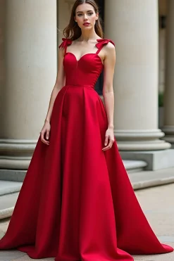 Red A-Line Bow Tie Espaghetti Correias Cetim Long Prom Dress