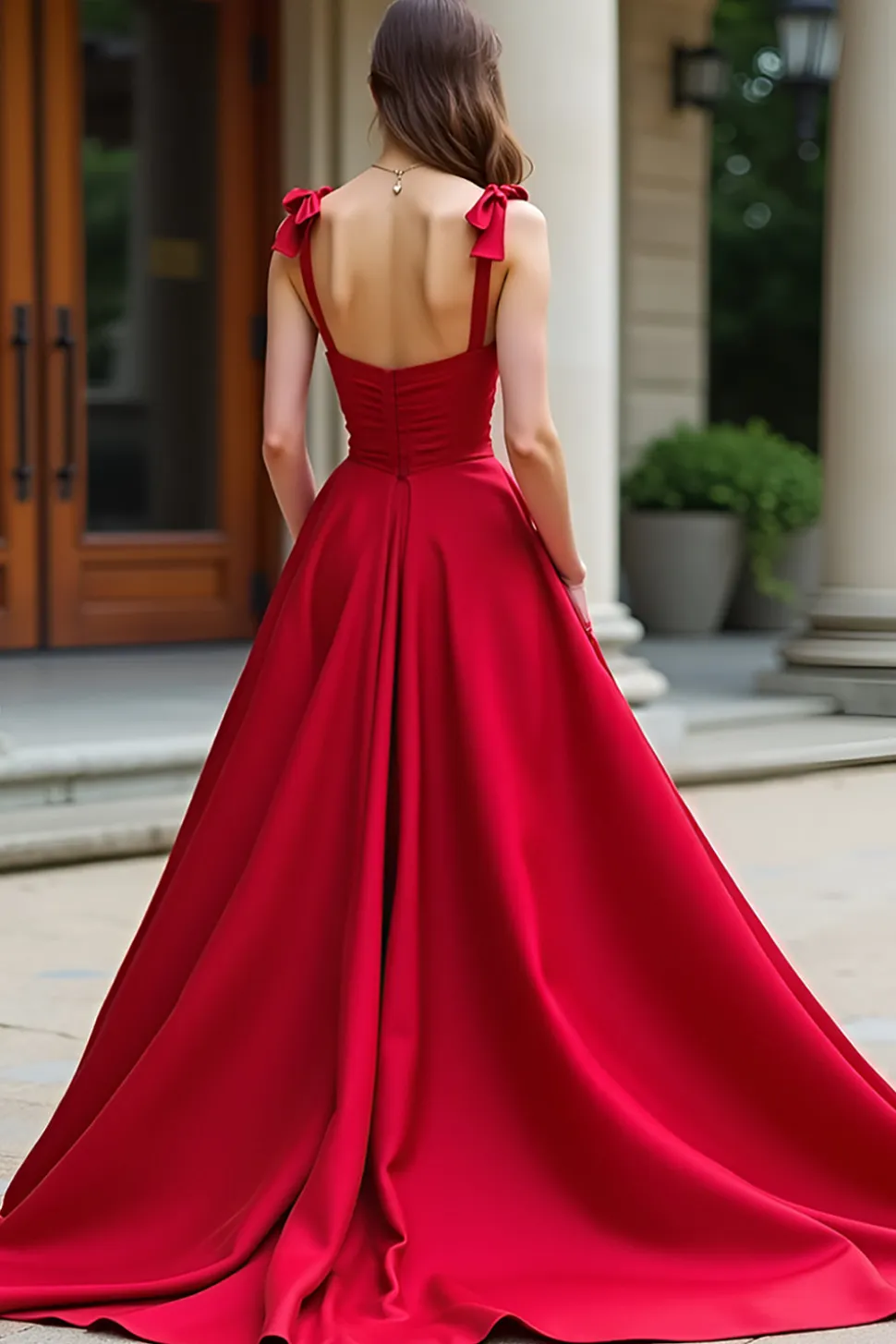Red A-Line Bow Tie Espaghetti Correias Cetim Long Prom Dress
