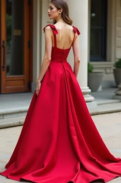 Red A-Line Bow Tie Espaghetti Correias Cetim Long Prom Dress