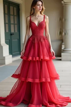Red A-Line Espaghetti Correias Folhos Tule Prom Vestido com Renda