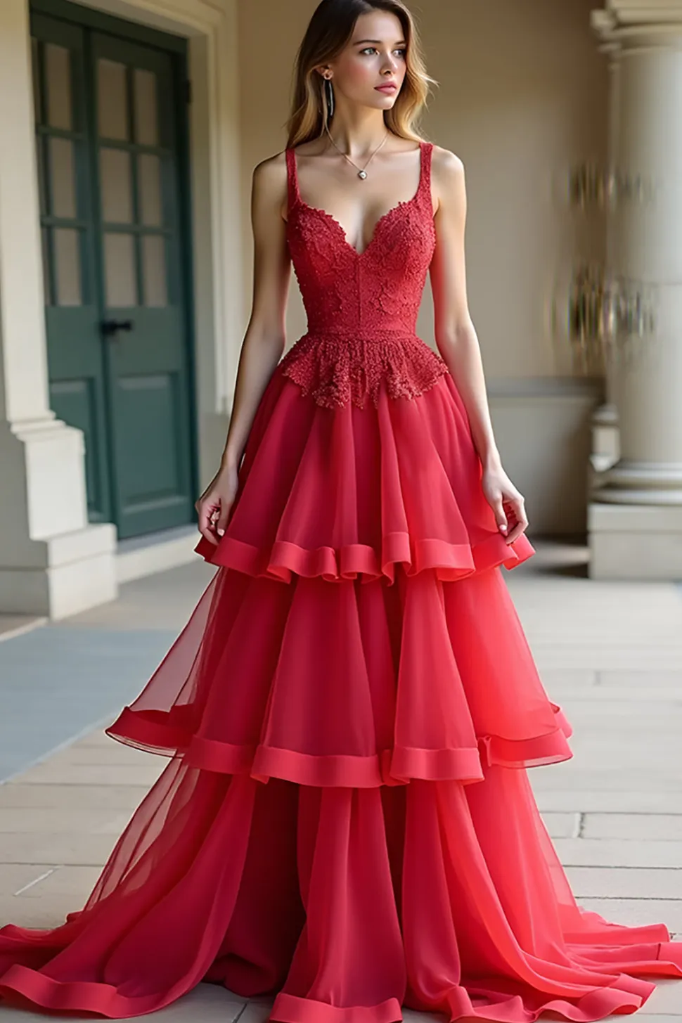 Red A-Line Espaghetti Correias Folhos Tule Prom Vestido com Renda
