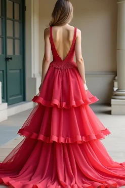 Red A-Line Espaghetti Correias Folhos Tule Prom Vestido com Renda