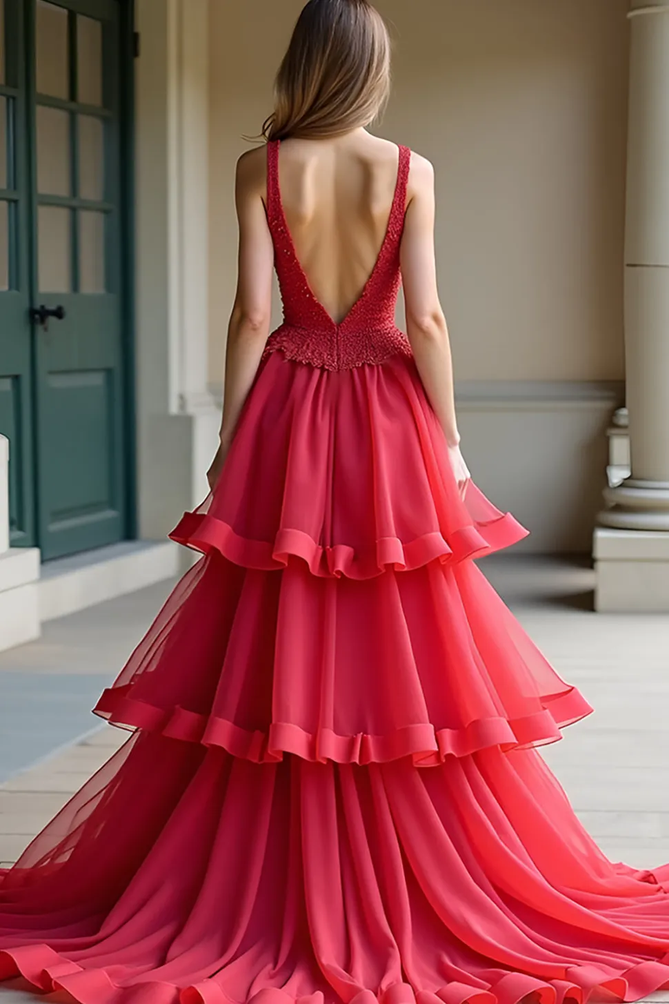 Red A-Line Espaghetti Correias Folhos Tule Prom Vestido com Renda