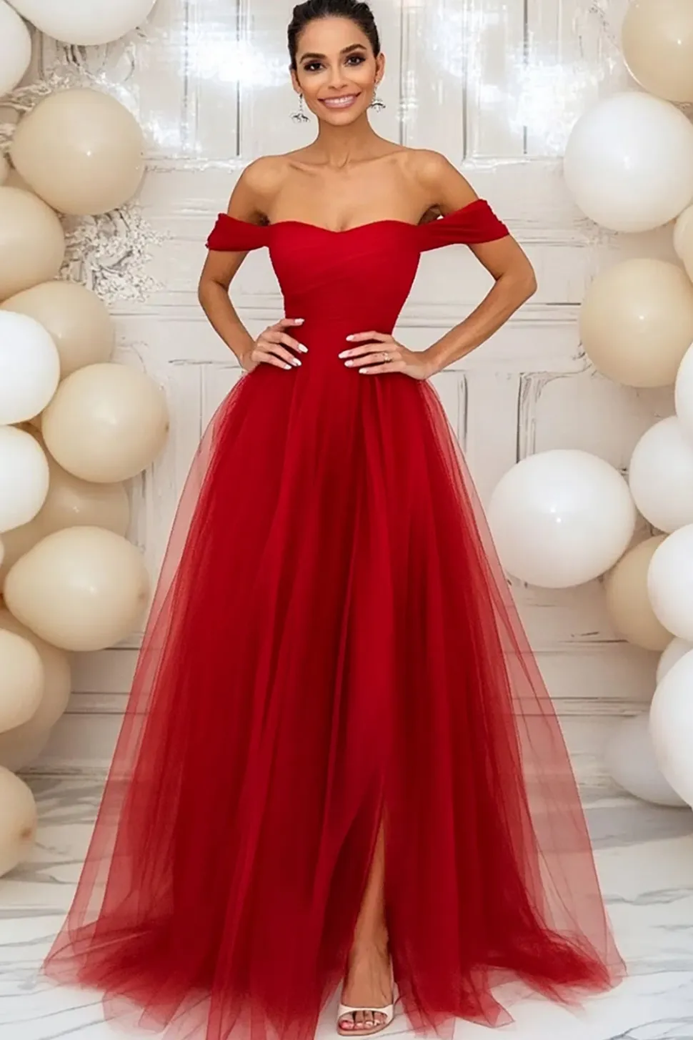 Red A-Line fora do ombro tule vestido de bola com fenda