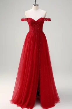 Red A-Line fora do ombro tule longo espartilho vestido de baile com fenda