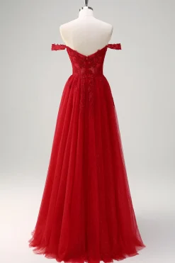 Red A-Line fora do ombro tule longo espartilho vestido de baile com fenda