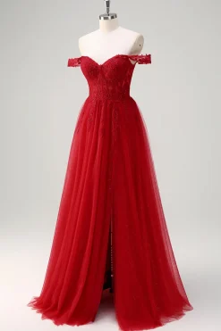 Red A-Line fora do ombro tule longo espartilho vestido de baile com fenda