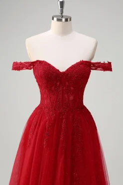 Red A-Line fora do ombro tule longo espartilho vestido de baile com fenda