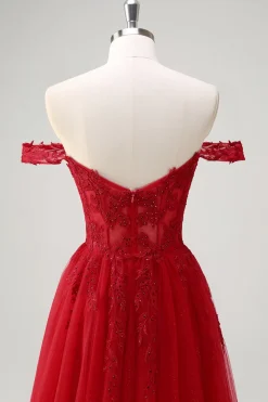 Red A-Line fora do ombro tule longo espartilho vestido de baile com fenda