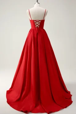 Red Ball-Gown Esparguete Correias Lace Up Back Long Prom Dress with Slit
