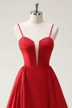 Red Ball-Gown Esparguete Correias Lace Up Back Long Prom Dress with Slit