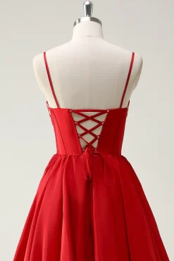 Red Ball-Gown Esparguete Correias Lace Up Back Long Prom Dress with Slit