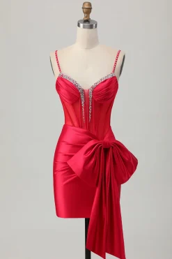 Red Bodycon Corset Ruched frisado vestido curto Homecoming com arco