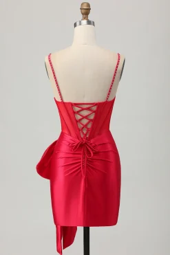 Red Bodycon Corset Ruched frisado vestido curto Homecoming com arco