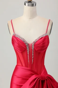 Red Bodycon Corset Ruched frisado vestido curto Homecoming com arco
