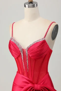 Red Bodycon Corset Ruched frisado vestido curto Homecoming com arco