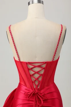 Red Bodycon Corset Ruched frisado vestido curto Homecoming com arco