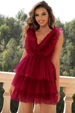 Red Deep V Neck Open Back Vestido Curto Homecoming Com Folhos