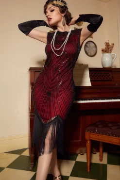 Red Gatsby Glitter Fringe 1920s Flapper Dress