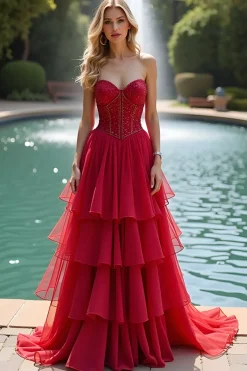 Red Long Ruffled Uma linha querida vestido de baile com renda