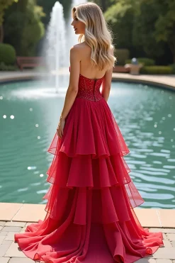 Red Long Ruffled Uma linha querida vestido de baile com renda