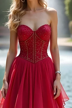 Red Long Ruffled Uma linha querida vestido de baile com renda