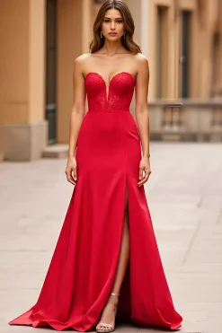 Red Mermaid Lace Sweetheart vestido longo baile de formatura com fenda