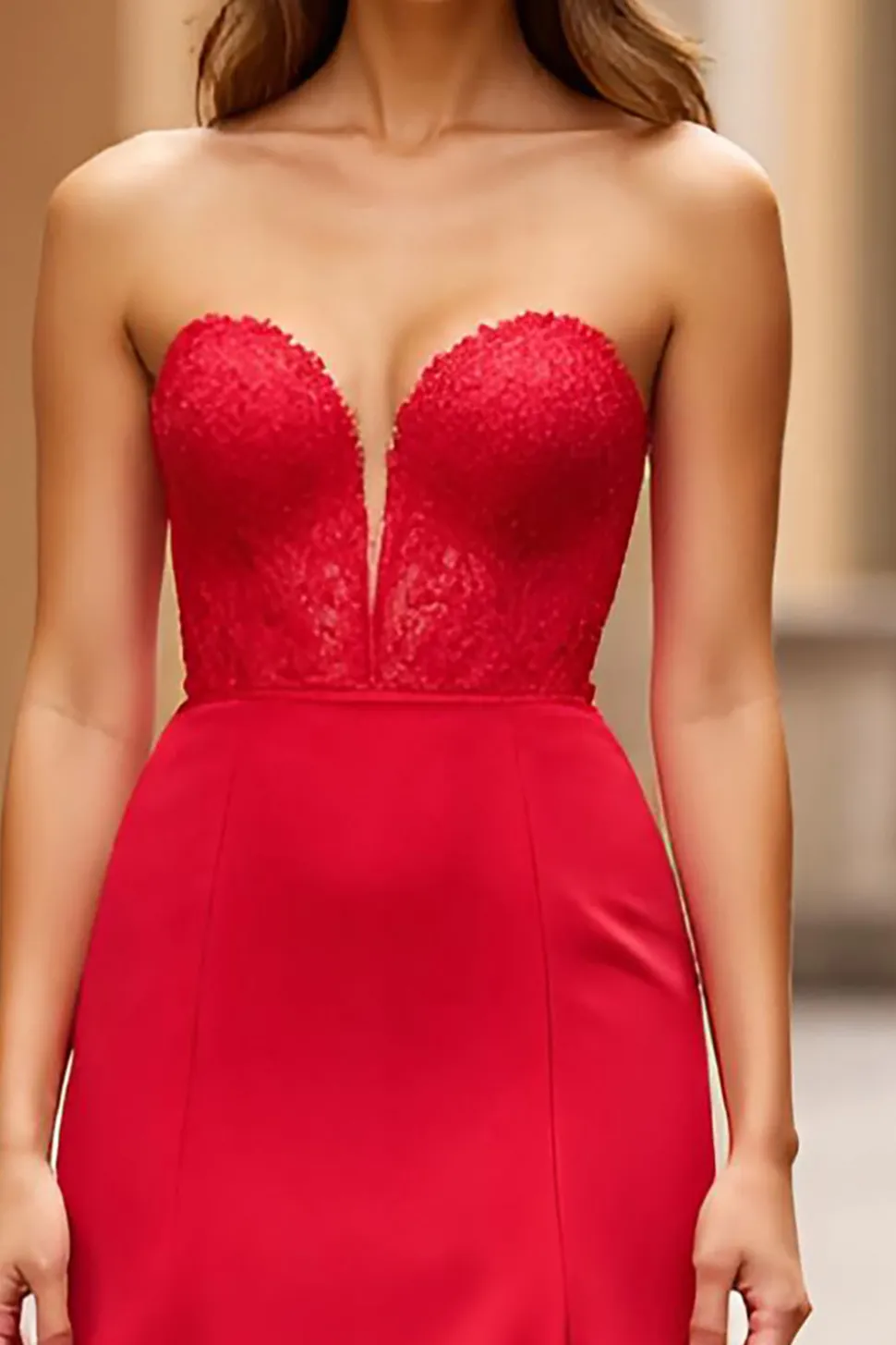 Red Mermaid Lace Sweetheart vestido longo baile de formatura com fenda