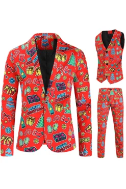 Red Notched Lapel Natal Impresso 3 Peças Ternos Masculinos
