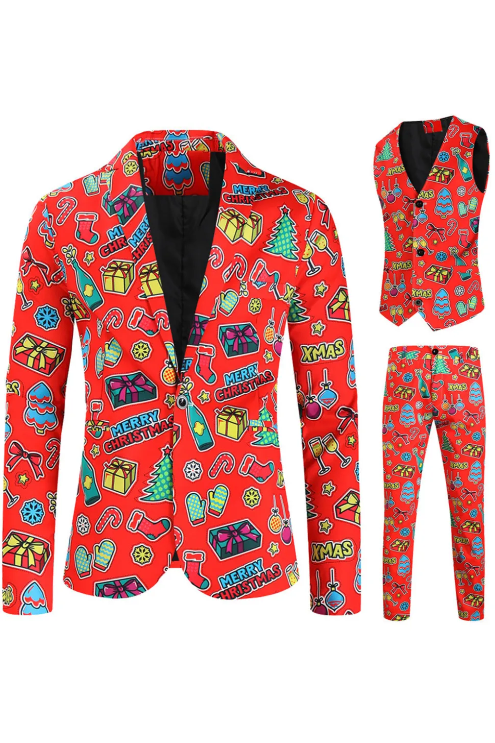 Red Notched Lapel Natal Impresso 3 Peças Ternos Masculinos