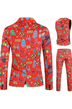 Red Notched Lapel Natal Impresso 3 Peças Ternos Masculinos