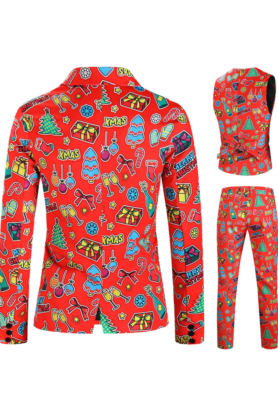 Red Notched Lapel Natal Impresso 3 Peças Ternos Masculinos