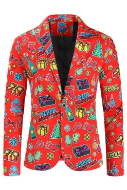 Red Notched Lapel Natal Impresso 3 Peças Ternos Masculinos