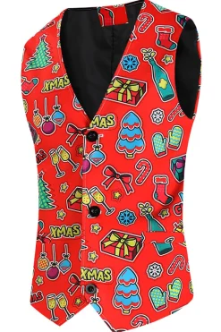 Red Notched Lapel Natal Impresso 3 Peças Ternos Masculinos
