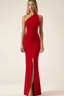 Red One Shoulder Sereia Cetim Long Military Ball Dress com Fenda