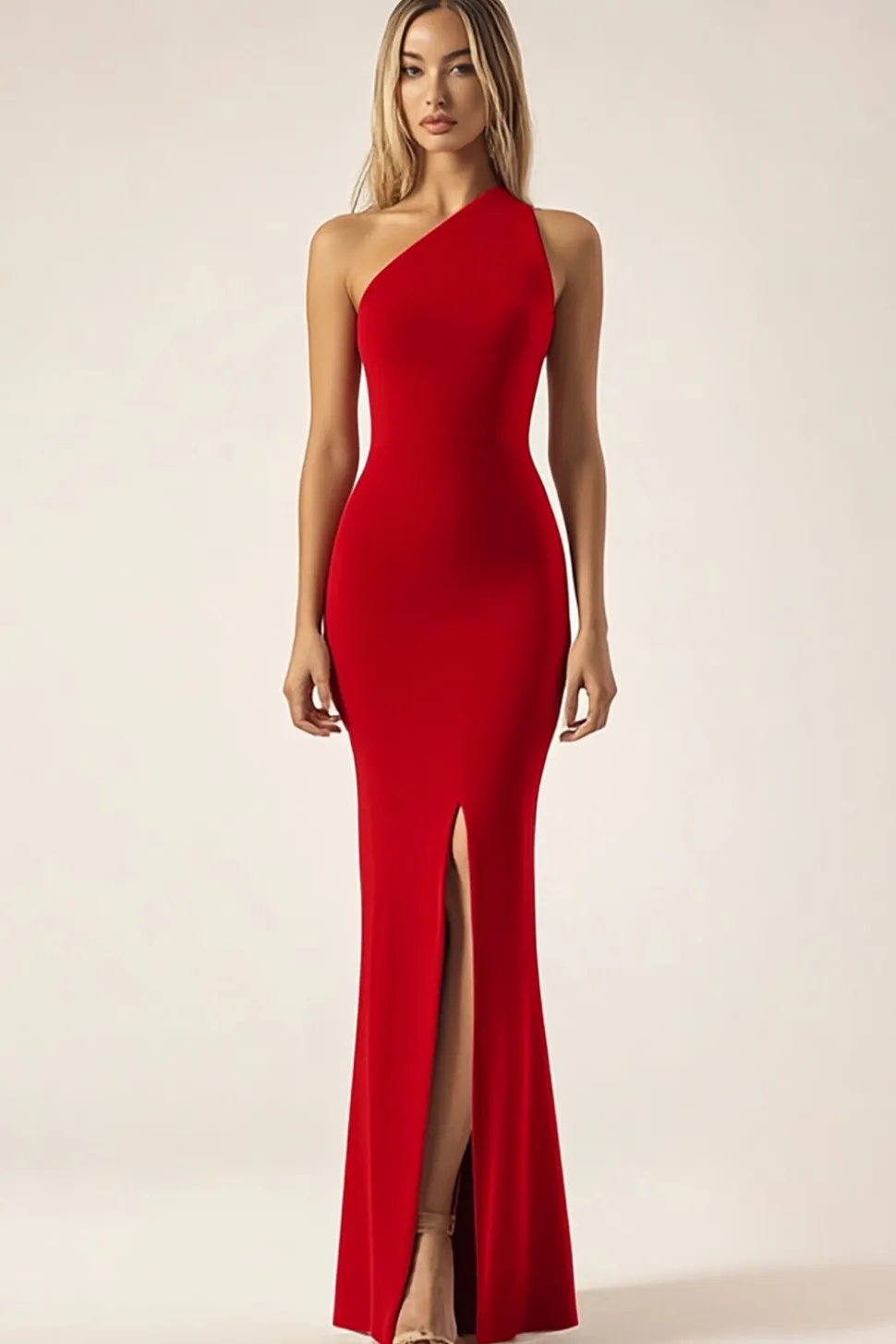 Red One Shoulder Sereia Cetim Long Military Ball Dress com Fenda