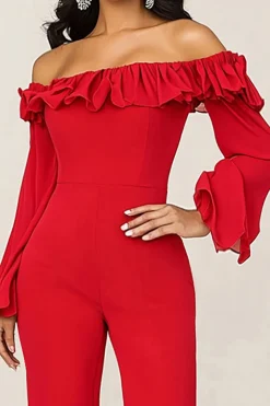 Red Ruffled fora do ombro mãe da noiva macacão com mangas compridas