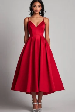 Red Satin A-Line Chá Comprimento Vestido Formal