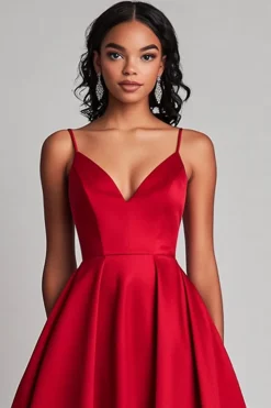 Red Satin A-Line Chá Comprimento Vestido Formal